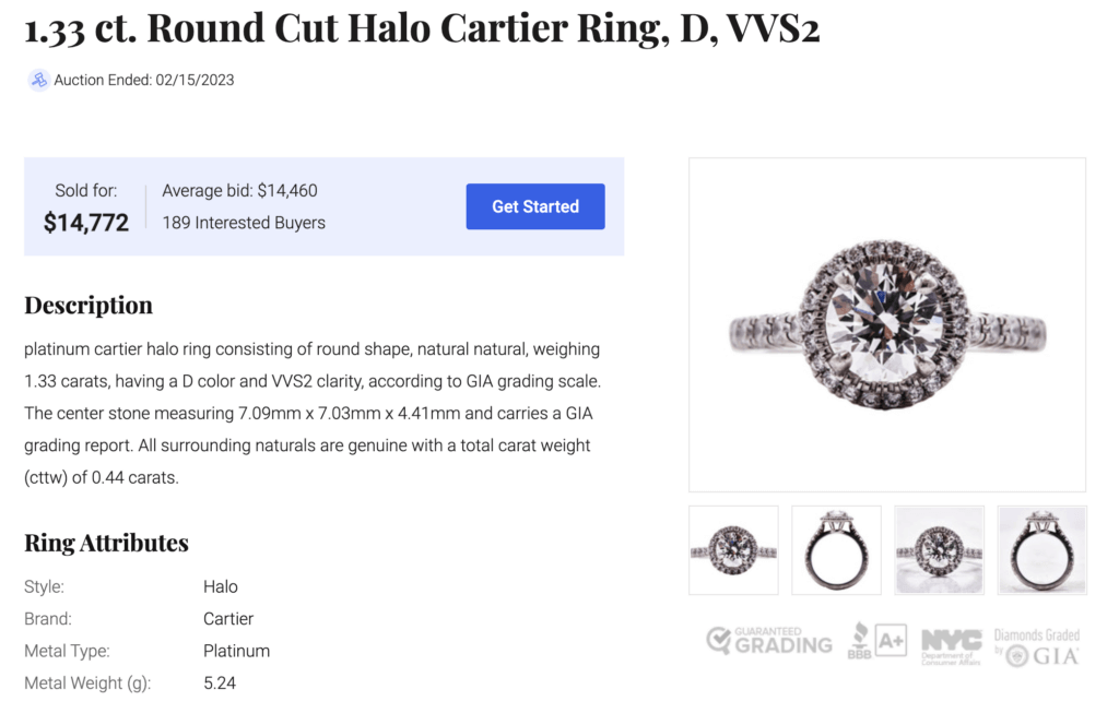 Cartier diamond solitaire ring recently sold at Worthy.com.