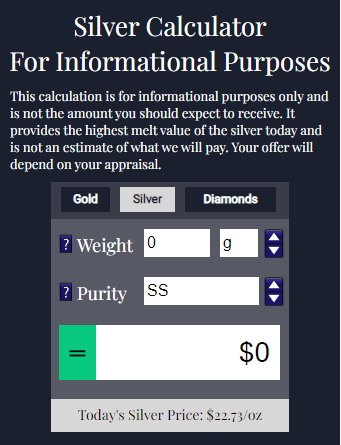 CashforSilverUSA silver calculator helps you get an idea of the value of your silver.