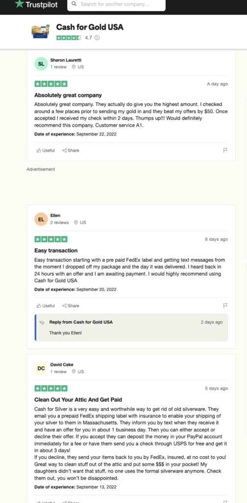 Screenshot of Trustpilot customer reviews of Cash for Gold USA 