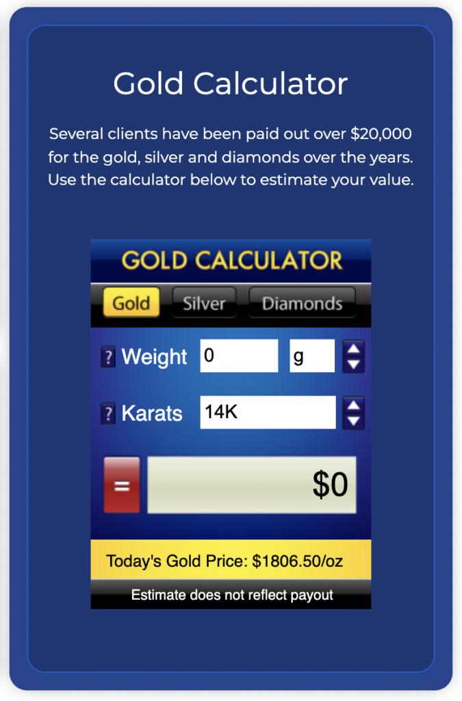 CashforGoldUSA calculator to find the price of gold.