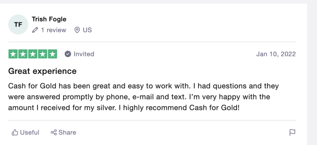 Customer review online for Cash for Gold, with a recommendation. 