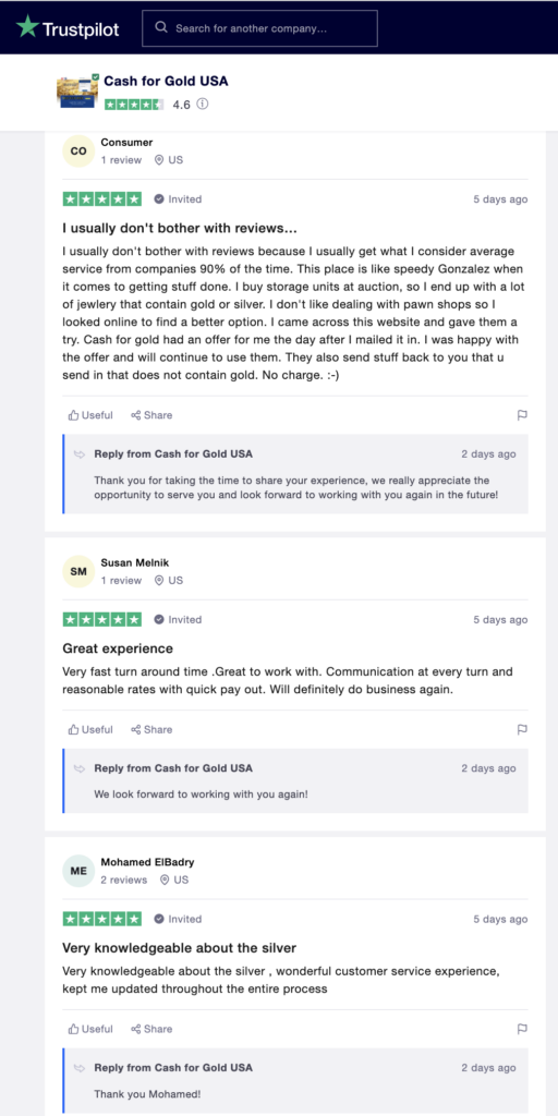 Trustpilot reviews of CashforGoldUSA screenshot.
