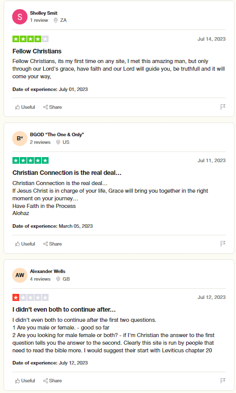 Trustpilot reviews for the Christian Connection dating site.