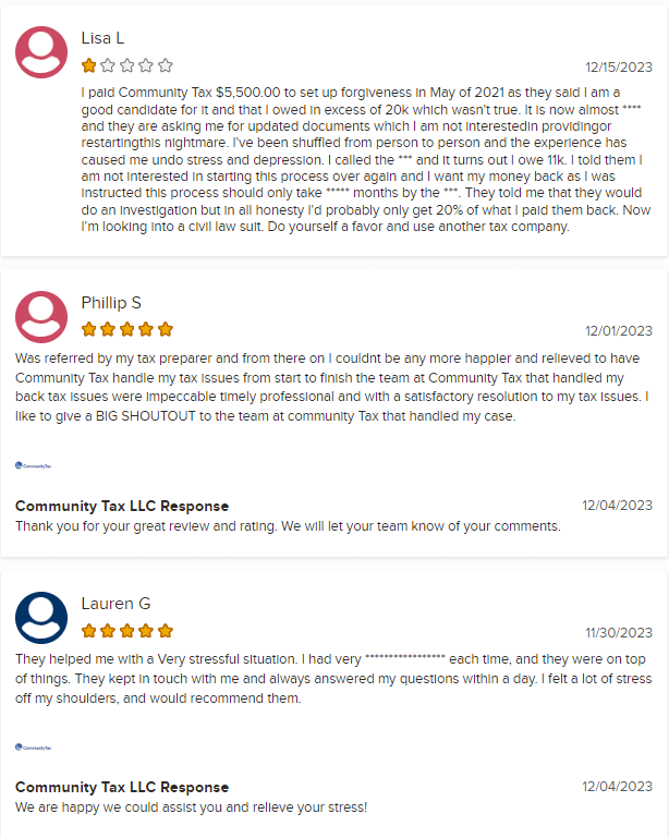 BBB reviews about Community Tax, one of the best tax relief companies.