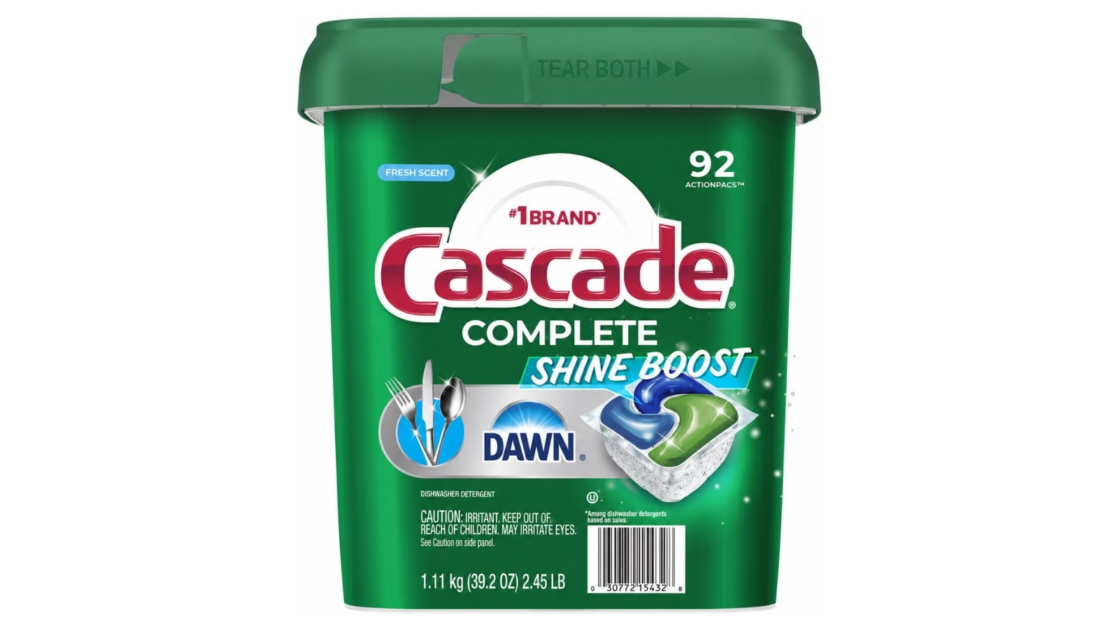 Green tub of Cascade Complete Shine Boost dishwasher detergent with 92 ActionPacs