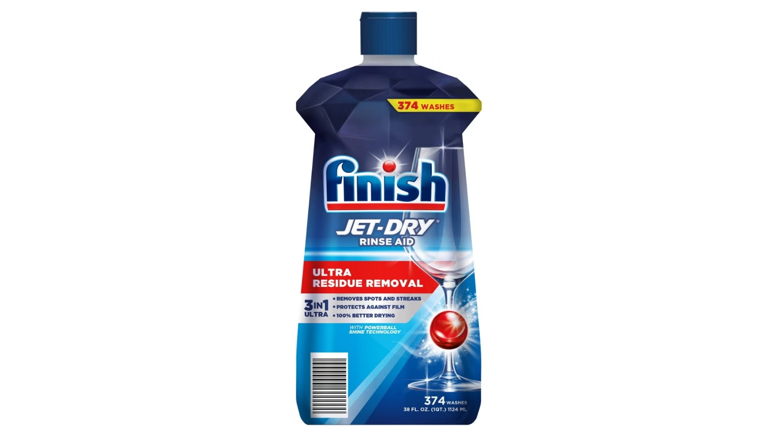 Blue 38-fluid-ounce bottle of Finish Jet-Dry Ultra dishwasher rinse aid