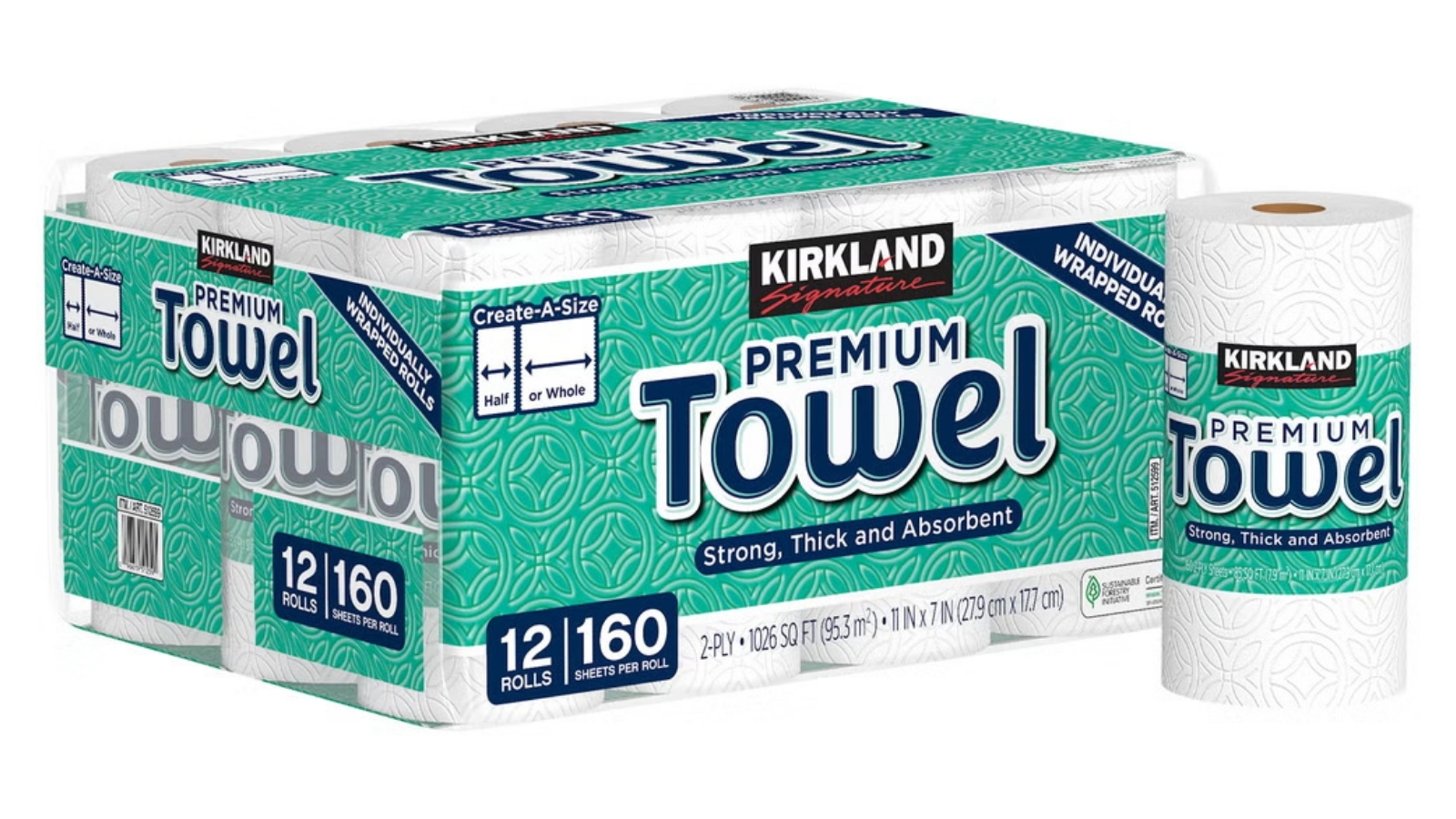 Kirkland Signature Premium Towel package containing twelve paper-towel rolls
