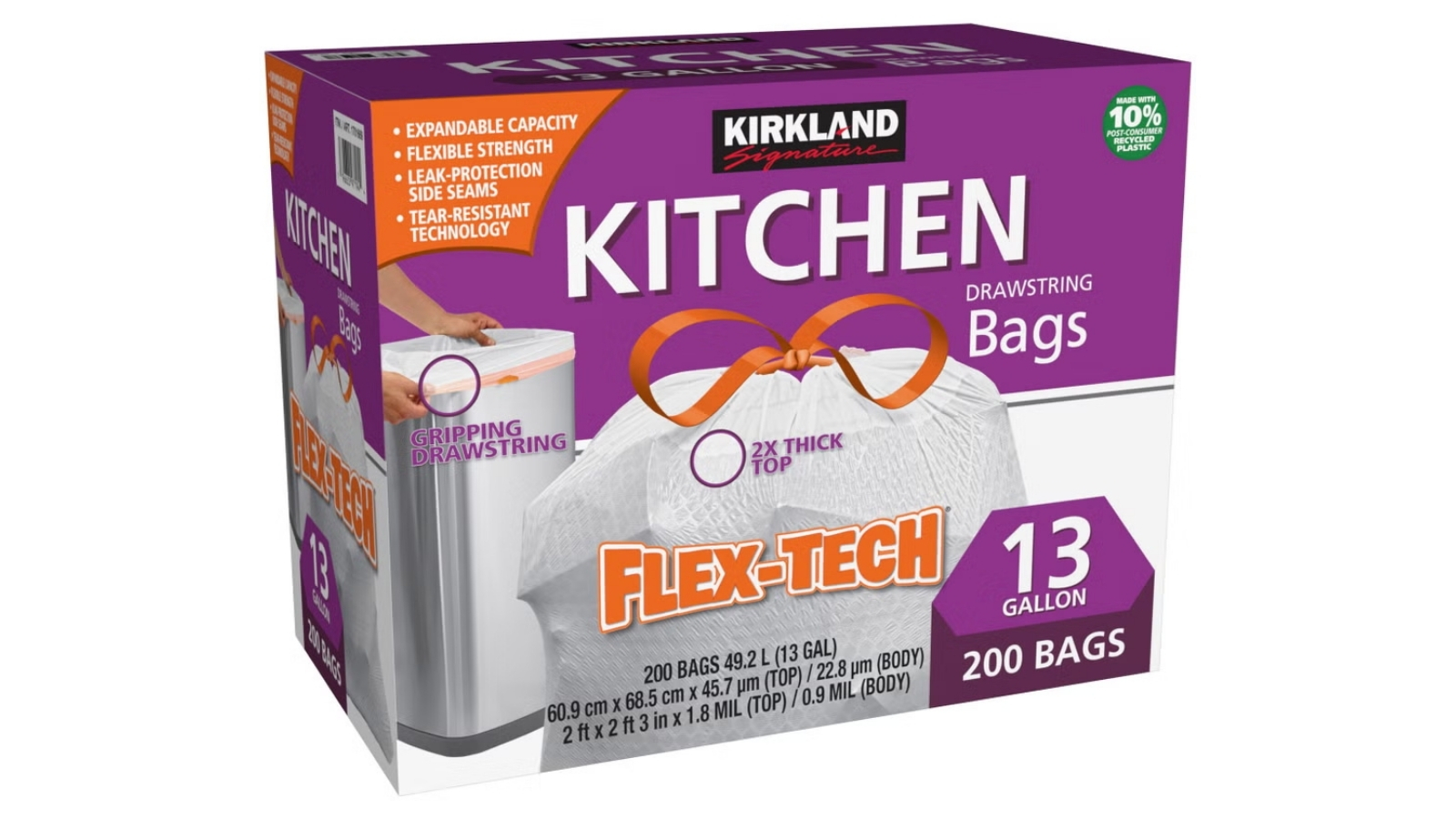 Purple Kirkland Signature Flex-Tech box of 200 thirteen-gallon kitchen trash bags