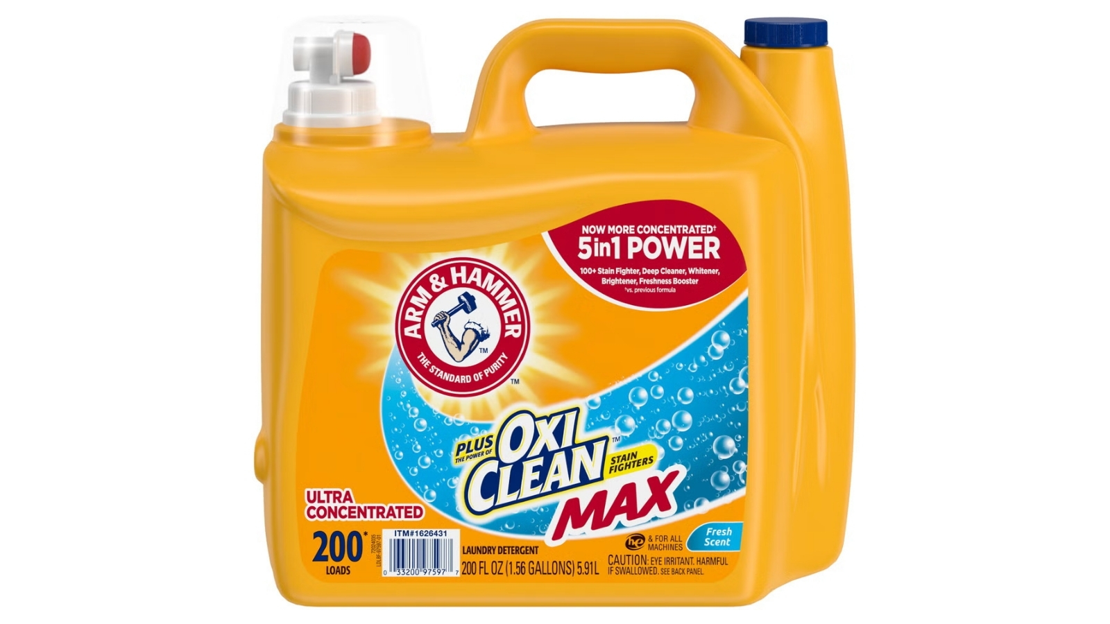 Orange Arm and Hammer Plus OxiClean Max laundry detergent jug with a dispensing spout