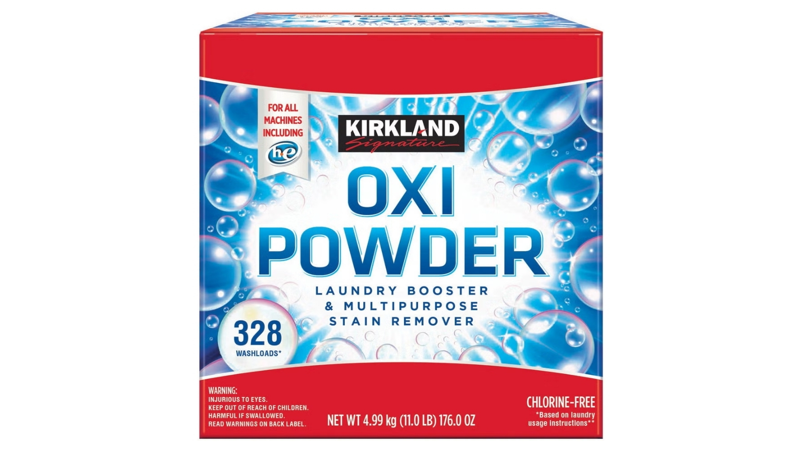 Blue Kirkland Signature Oxi Powder laundry booster box marked 328 washloads