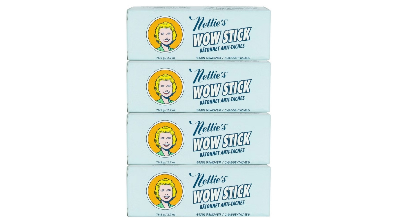 Four pale blue boxes of Nellie’s Wow Stick stain remover