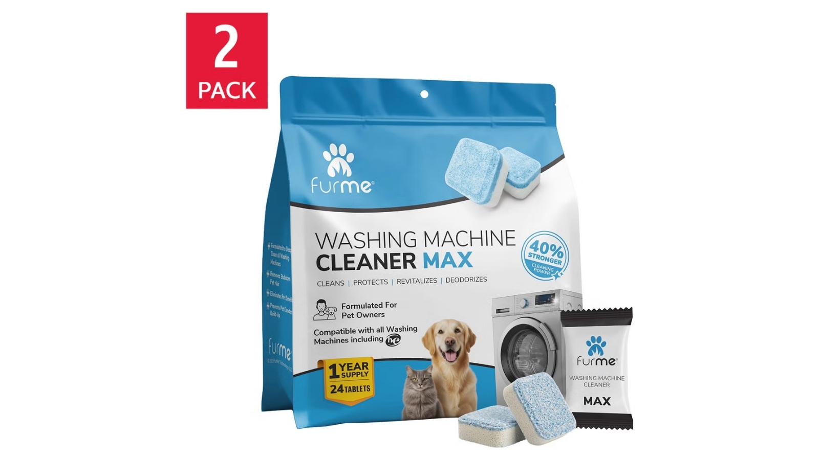 FurMe Washing Machine Cleaner Max two-pack with blue packaging and cleaner tablets
