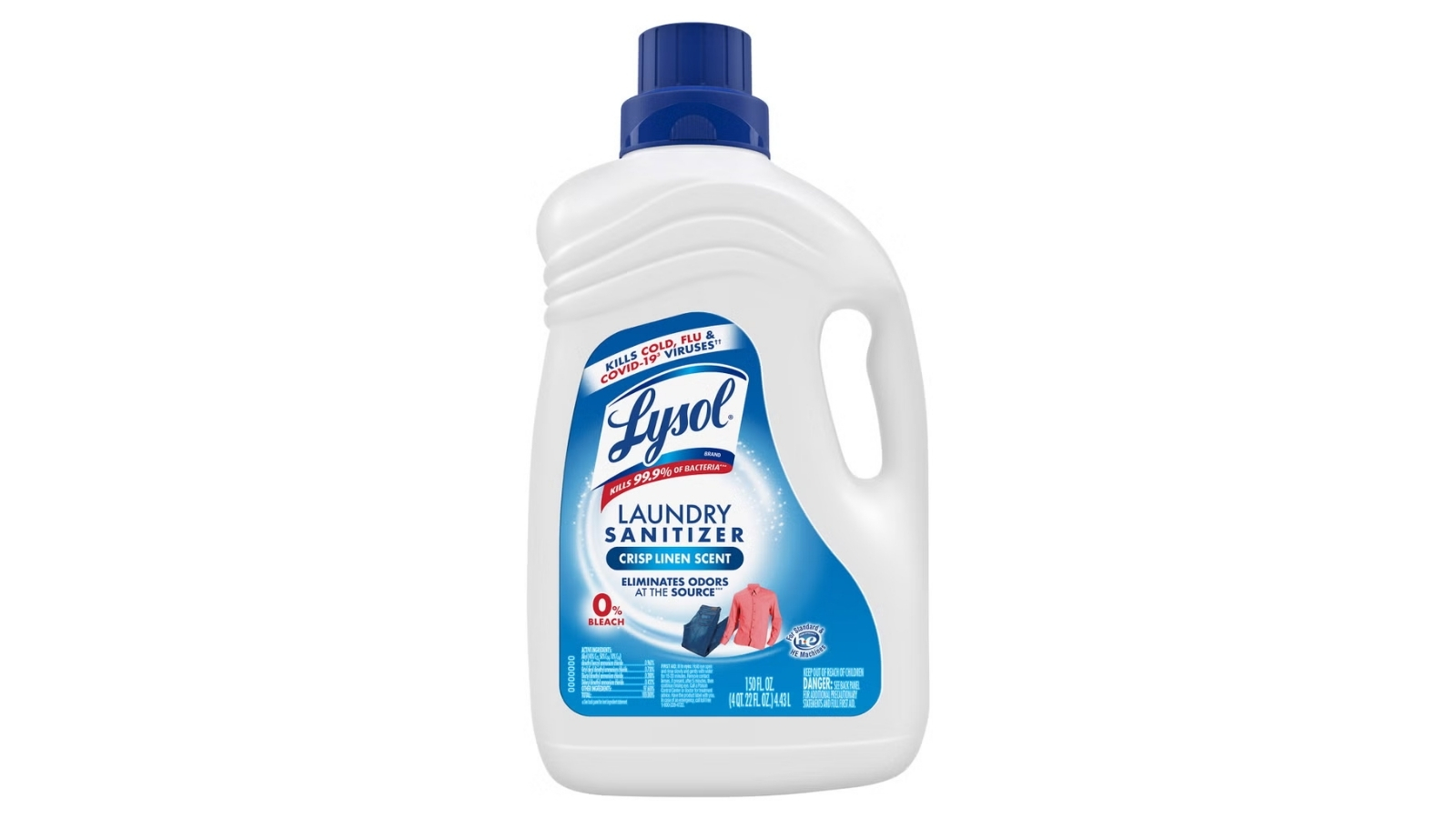 White jug of Lysol Laundry Sanitizer in Crisp Linen scent with a blue cap