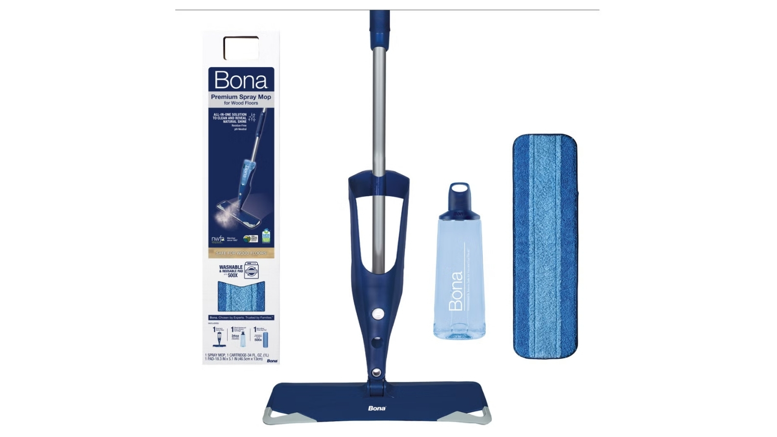 Blue Bona hardwood spray mop with cleaning solution, microfiber pad and packaging