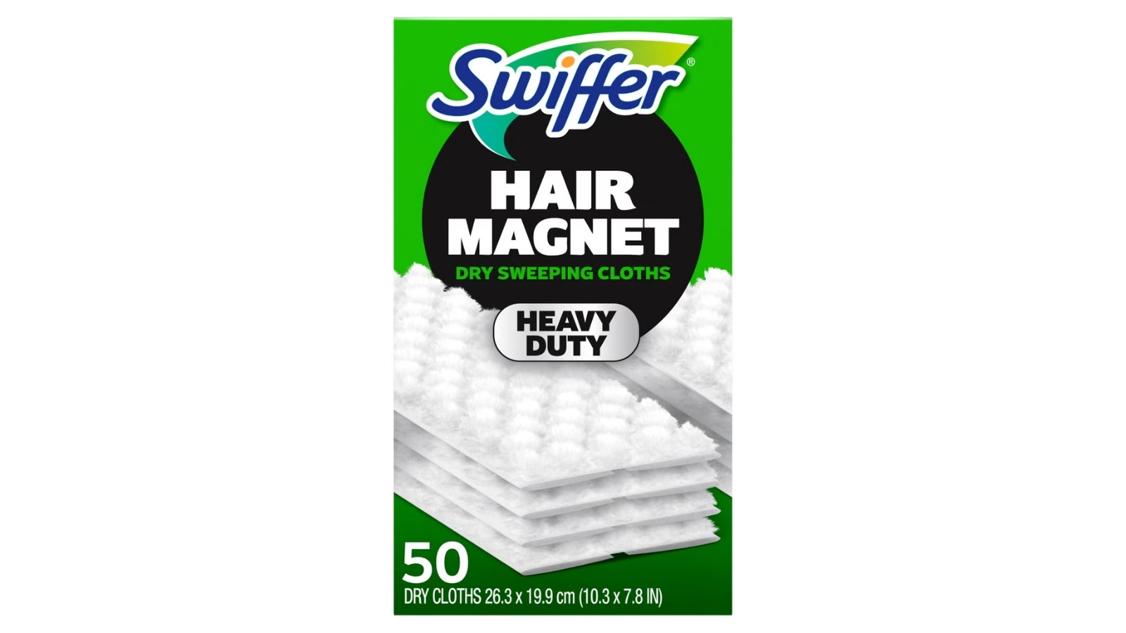 Green Swiffer Hair Magnet Heavy Duty dry sweeping cloth box marked 50 cloths