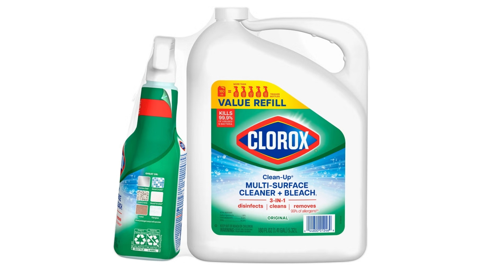 Clorox Clean-Up cleaner spray bottle beside a large white refill jug