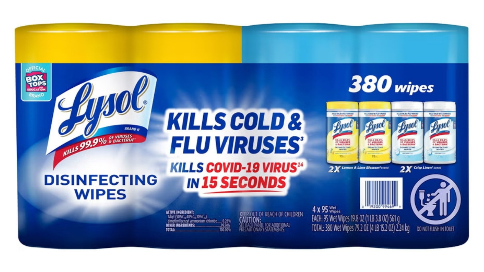 Lysol disinfecting wipes variety pack with blue and yellow canister lids