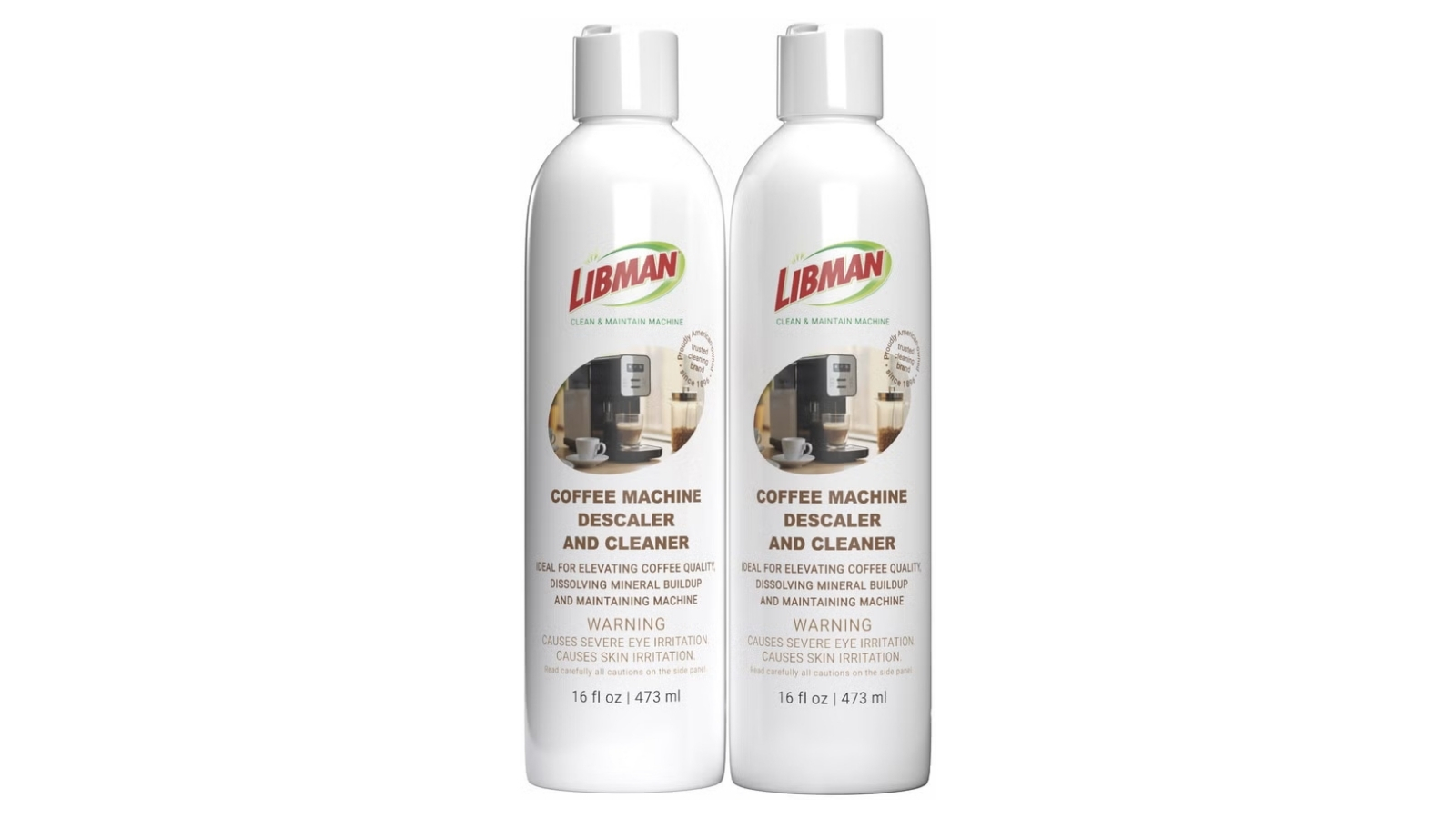 Two white bottles of Libman Coffee Machine Descaler and Cleaner