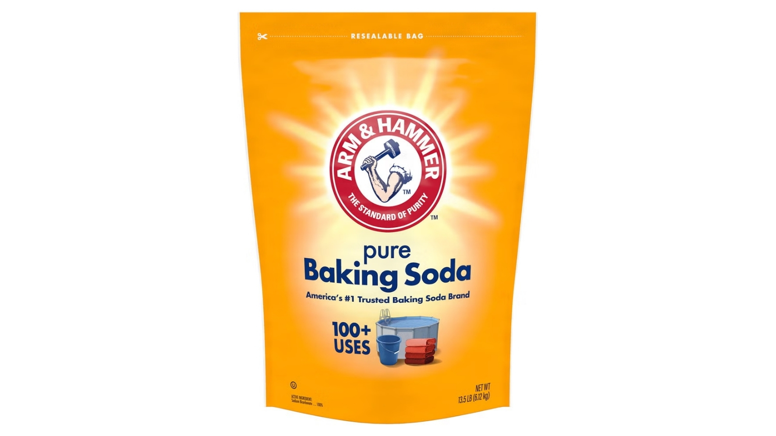 Orange resealable Arm and Hammer Pure Baking Soda bag weighing 13.5 pounds