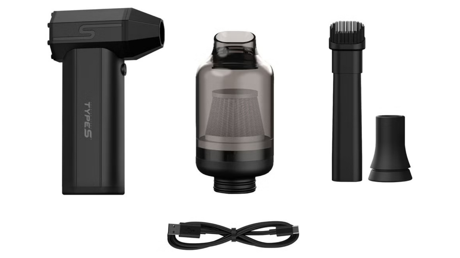 Black Type S electric air duster with attachments, dust container and charging cable