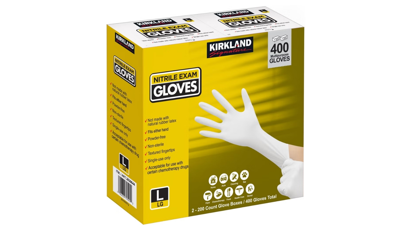 Yellow Kirkland Signature box of four hundred large nitrile exam gloves
