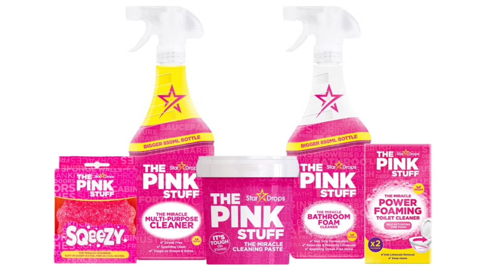 The Pink Stuff Miracle Cleaning Bundle with pink tubs and spray bottles