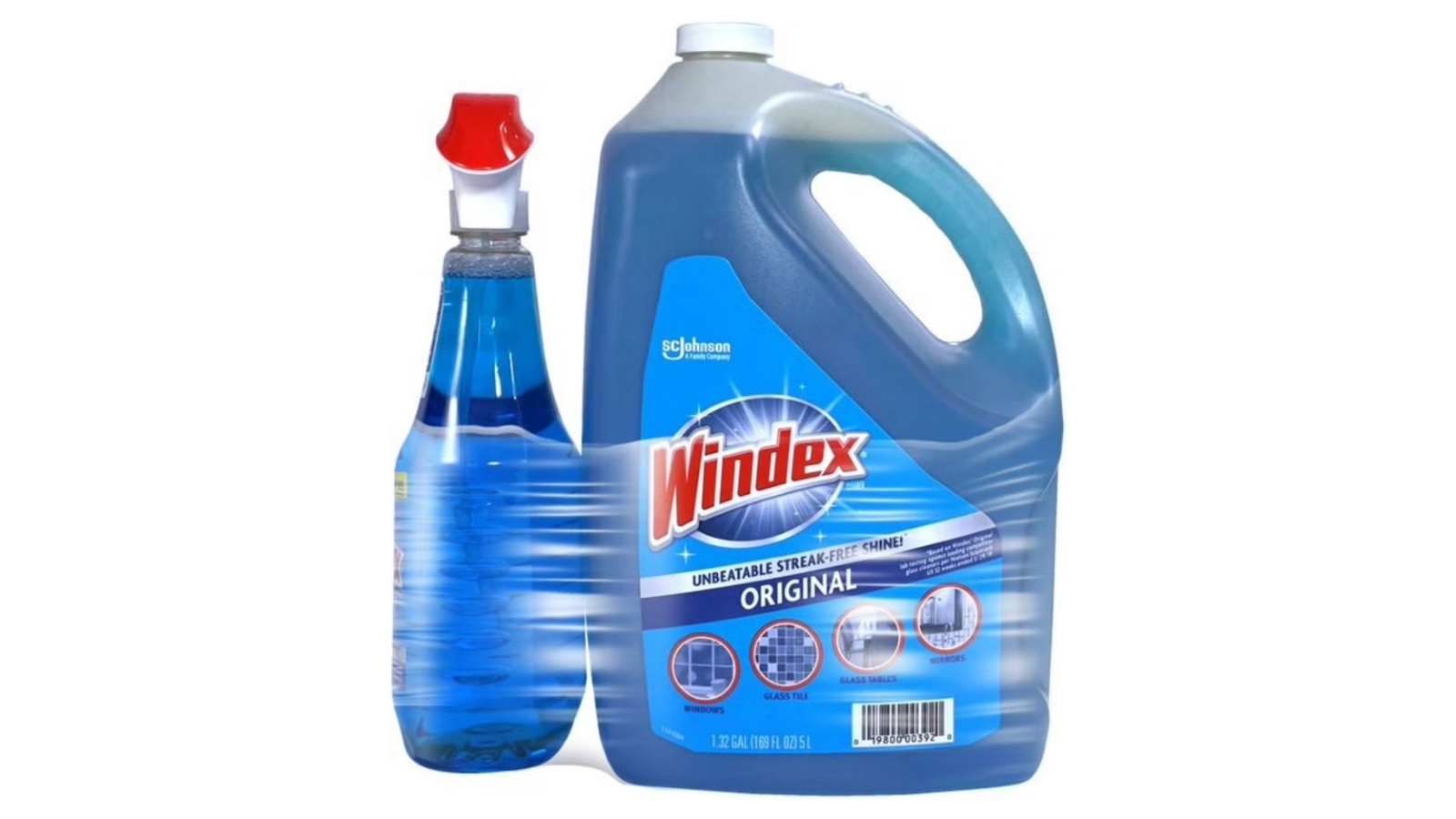 Blue Windex Original glass-cleaner spray bottle beside a large refill jug