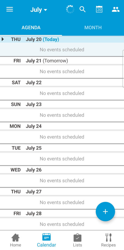 View of the Cozi calendar where you can add events and reminders.