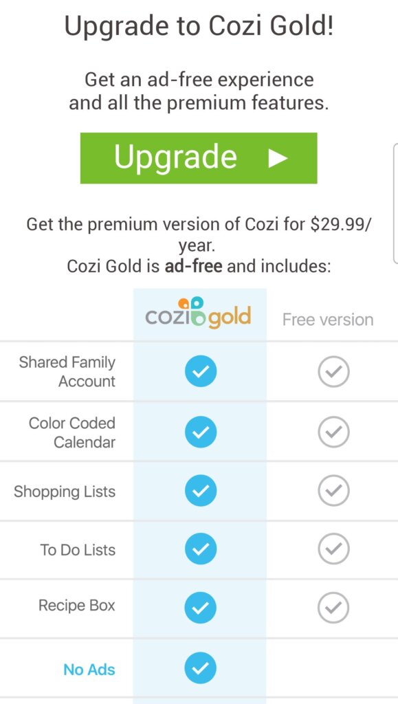 Signing up for Cozi Gold.