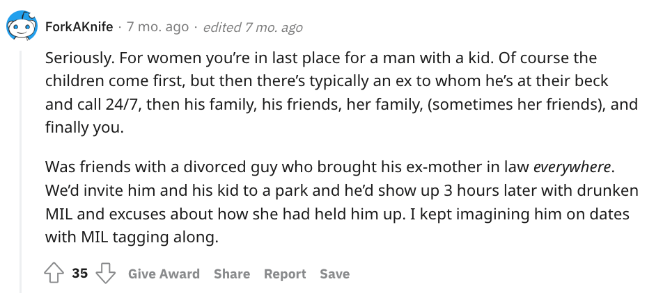 Reddit comment about mother-in-law involved in dating a single parent.