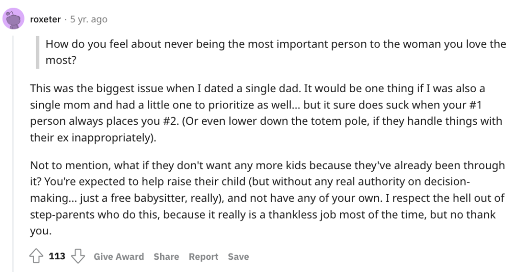 Reddit post about cons of dating a single parent.