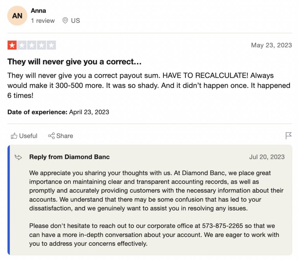 1-star Diamond Banc review on Trustpilot.
