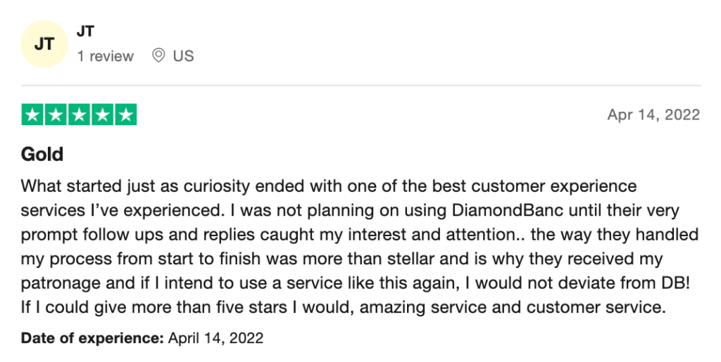 Diamond Banc review posted on Trustpilot.