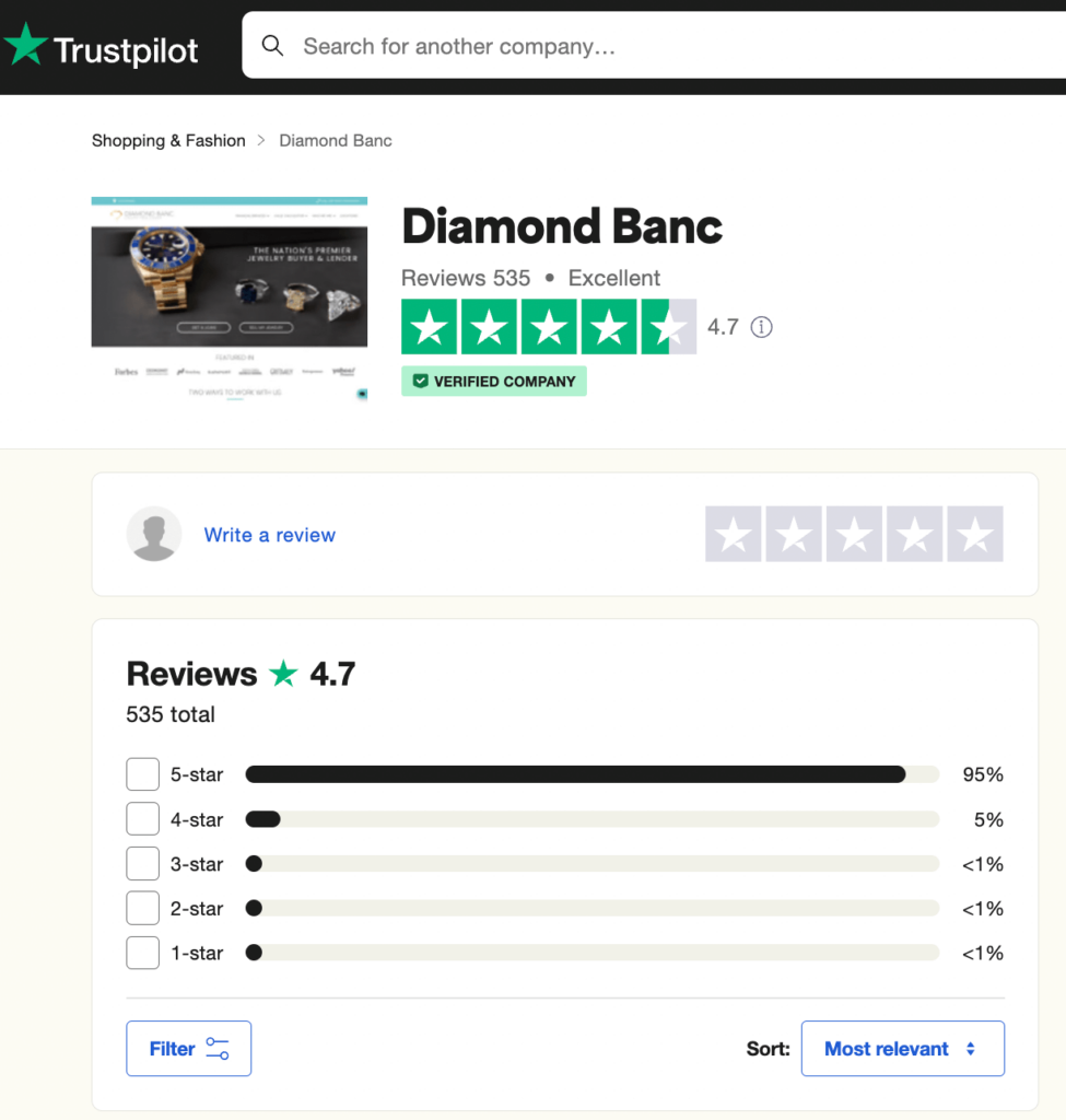 Diamond Banc review Trustpilot page.