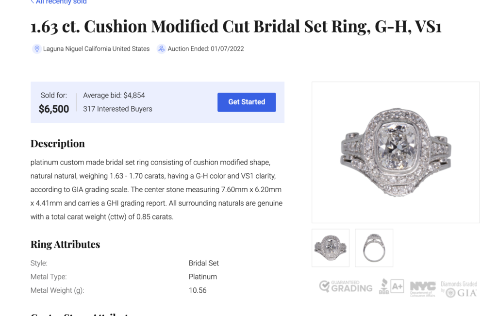 1.63 ct. Cushion Modified Cut Bridal Set Ring, G-H, VS1 — sold on Worthy.com for $6,500: