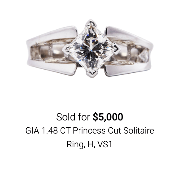 Diamond engagement ring sold at jewelry auction online.