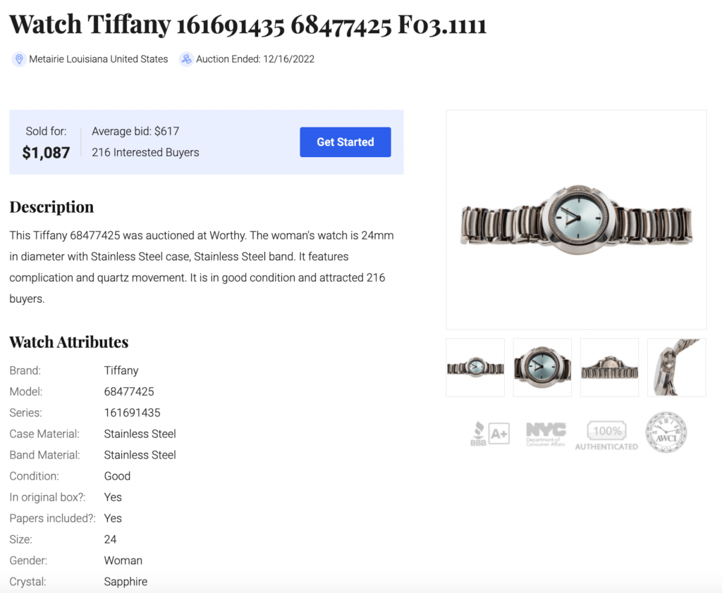 Recent Worthy.com watch sale shows how much a Tiffany watch is worth.