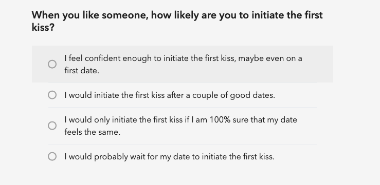Elite singles review example question about kissing.
