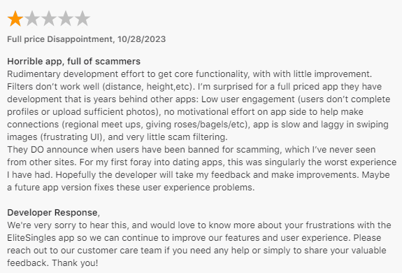Negative Elite Singles review on the App Store.