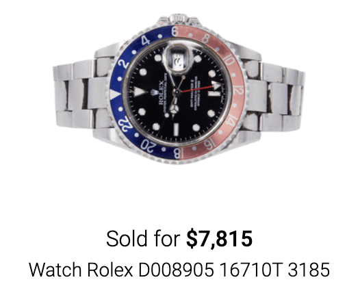 Rolex watch sold on online jewelry auction site Worthy. 