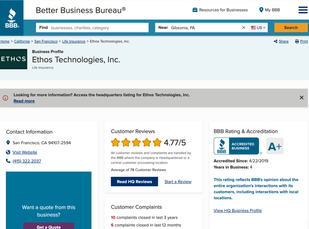 Ethos life insurance review Better Business Bureau page.
