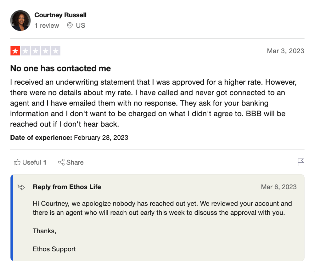 Ethos life insurance review complaint on Trustpilot page.