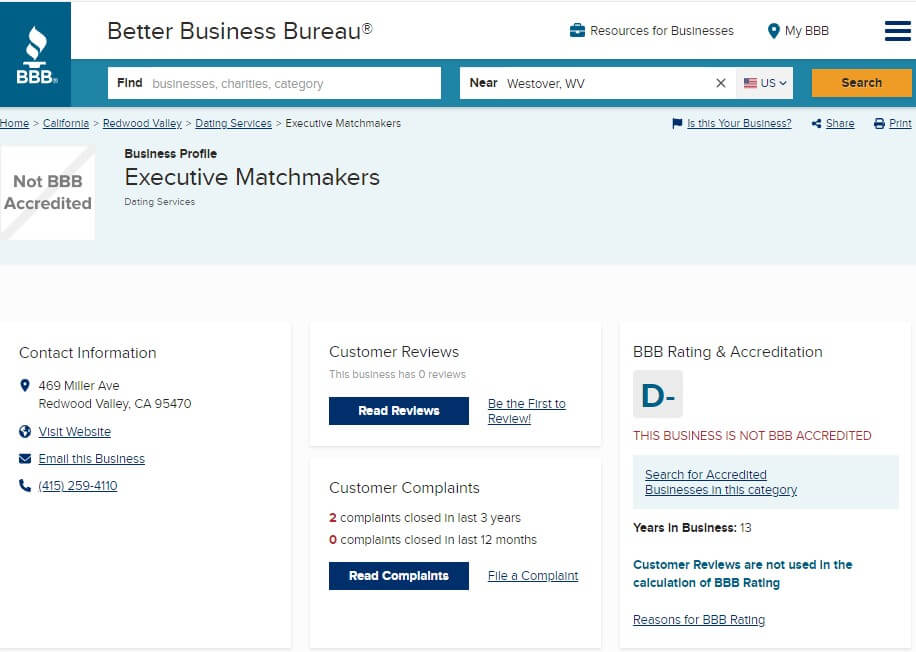 Executive Matchmakers BBB review.