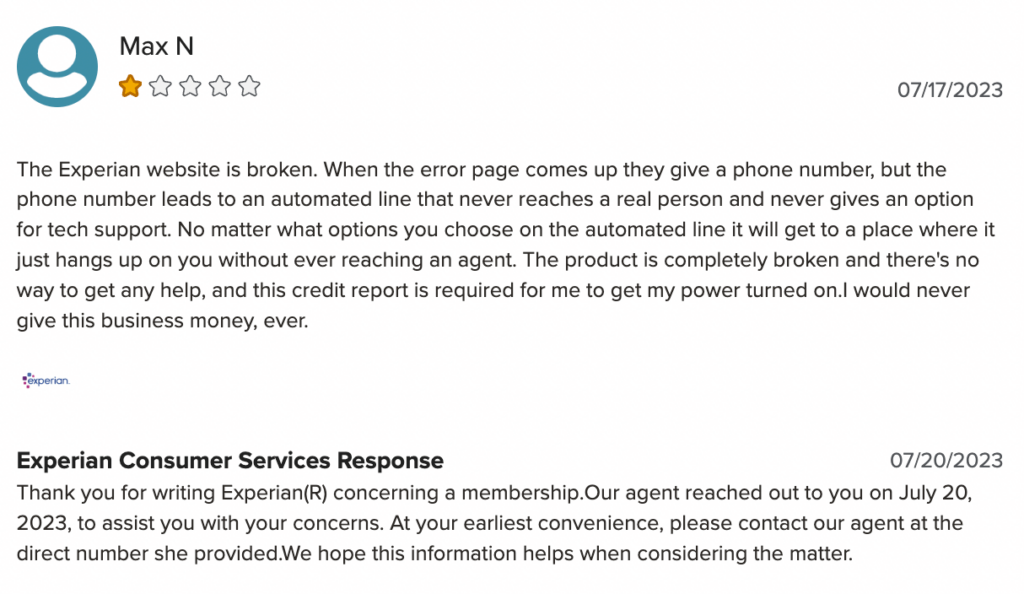 1-star Experian Boost review on BBB.