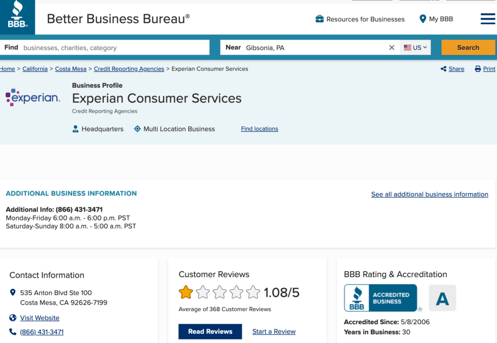 Experian Boost review on the BBB.