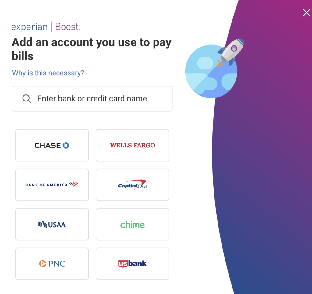 Experian Boost reviews section on adding bank accounts. 