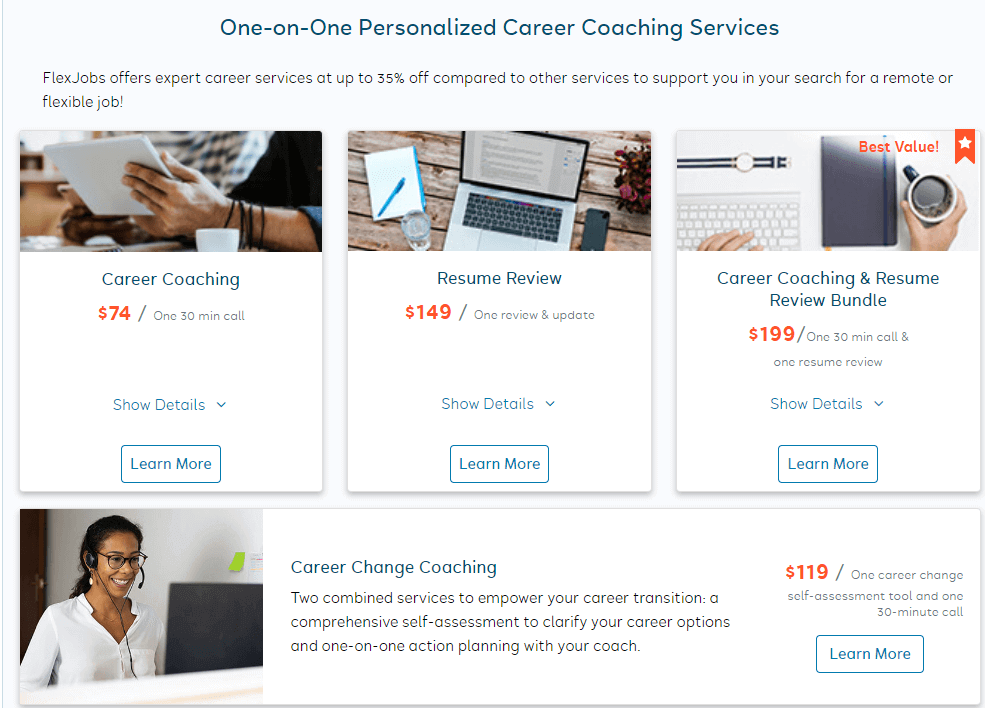 FlexJobs offers one-on-one career coaching for an extra fee.