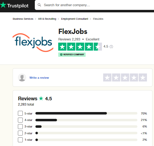 Flexjobs reviews on Trustpilot.
