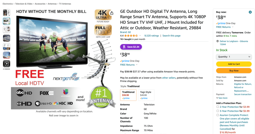 Free cable from GE Outdoor HD Digital TV Antenna.