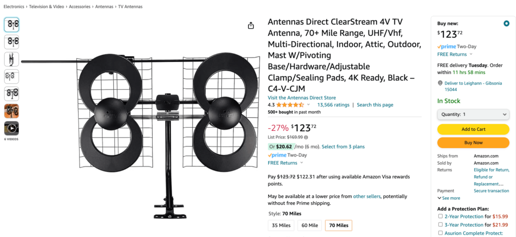 Free cable from Antennas Direct ClearStream 4V TV Antenna.